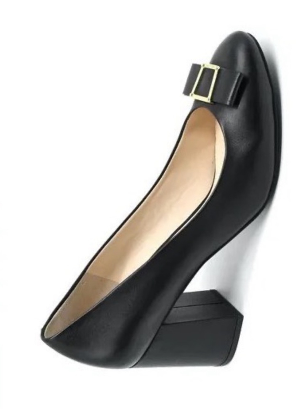 Cole Haan Black Leather Emory Bow Pump with Gold Buckle